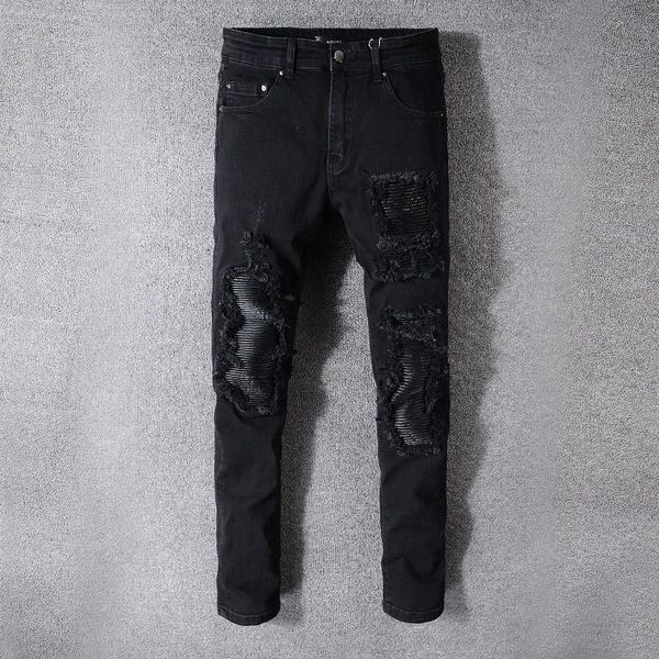 

Italian tyle black jean knee patch pu leather amiri treet locomotive tyle lim pant men 039 gift good quality ela tic fabric