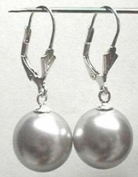 

5pc 12mm gray south sea shell pearl dangle earrings, Silver