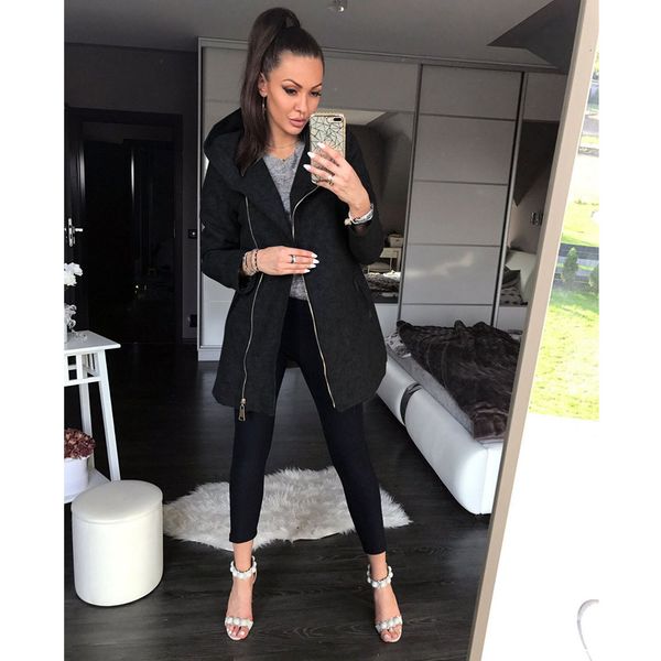 

куртка женщин пиджак тонкий сторона открыта осень с длинным рукавом повседневная молнии спереди кардиган с капюшоном, Black;brown