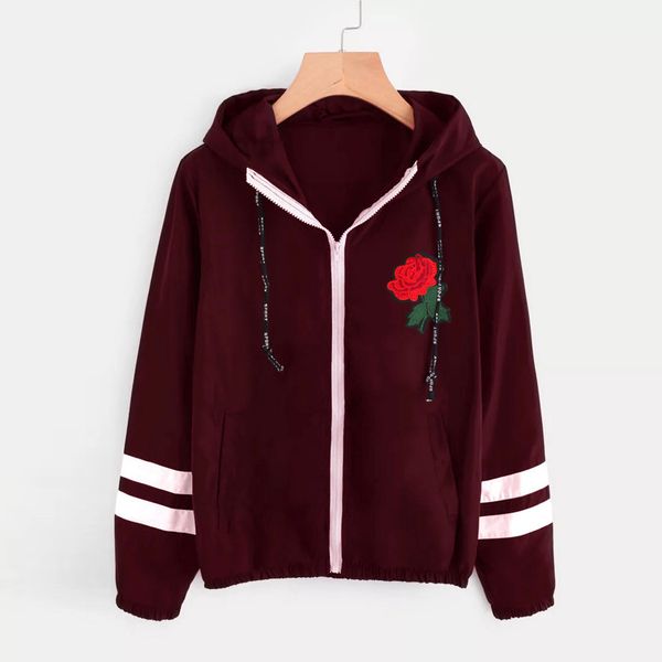

2019 autumn winter hoodie women coat long sleeve rose thin skinsuits hooded zip floral pockets sport coat outerwear casual new, Black;brown