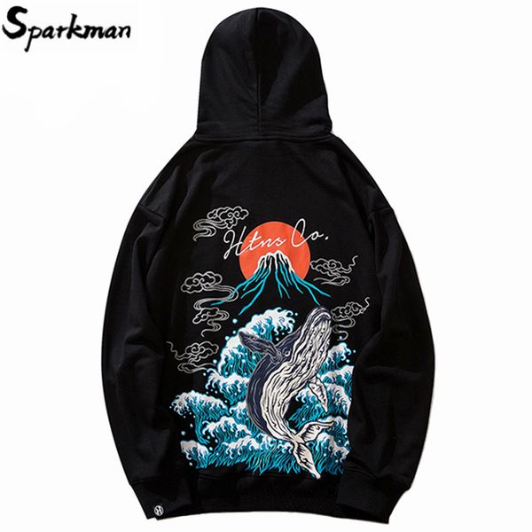 

mens hip hop hoodie sweatshirt streetwear harajuku japanese volcano whale print hoodies pullover cotton sweat shirt 2019 autumn, Black