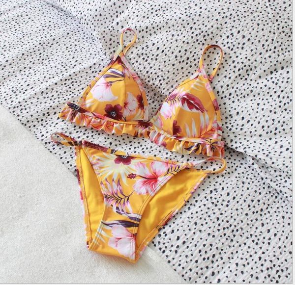 

yellow printed lady's split swimming suit exploded lotus leaf bikini