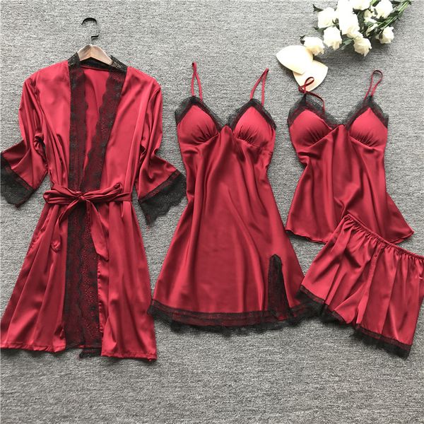 

women satin sleepwear 4 pieces pyjamas nightgown lace pajamas sleep lounge pijama faux silk night home clothing pajama suit, Black;red