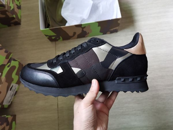 

r shoes rockrunner camouflage fabric nappa sneaker genuine leather mens women flats v-shoes trainers size 35-46, Black