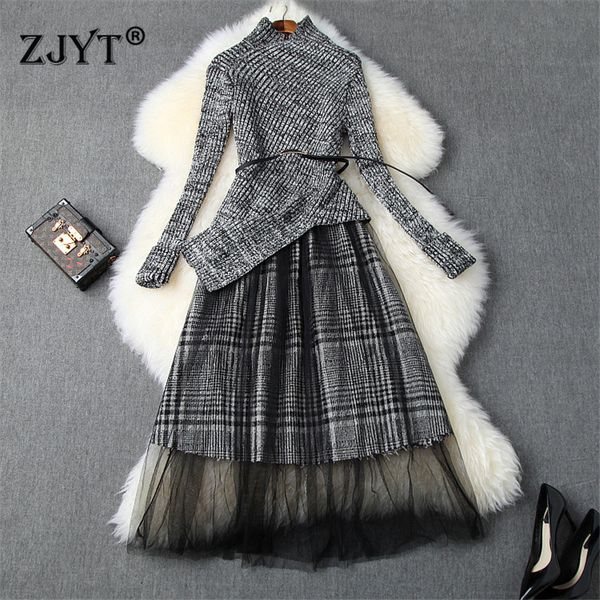 

fashion women winter sweater skirt 2 piece outfits 2019 new autumn clothes irregular pullovers and tulle skirt matching set, White