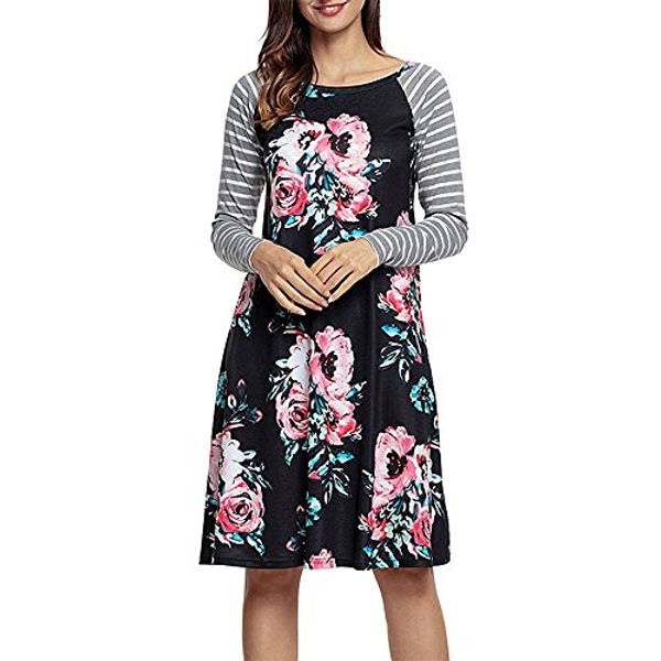 

exlura women's floral print casual long sleeve a-line loose t-shirt dresses knee length, Black;gray