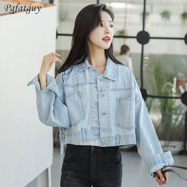 

2019 spring big pocket short jeans jacket bomber jacket women long sleeve casual single breasted blue black denim jackets, Black;brown
