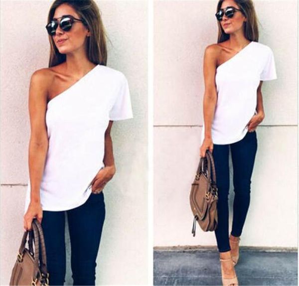 

designer tshirts fashion inclined shoulder panelled short sleeve womens tees casual females clothing solid color womens, White