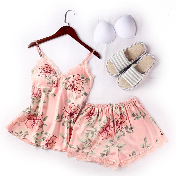 

2019 summer lace pajama sets for women fashion silk satin pajamas print v-neck suspenders sleepwear 3, Blue;gray