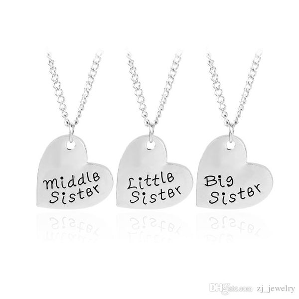 

3 piece heart personalized hand stamped big middle little sister 3 sisters necklace family jewelry girls necklaces set gift, Silver