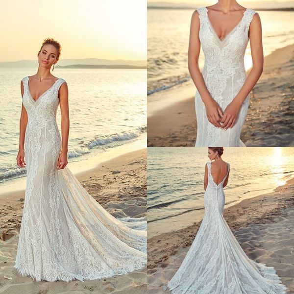 

2019 eddy k beach mermaid wedding dresses v neck lace appliques bridal gowns backless princess boho wedding dress cheap, White