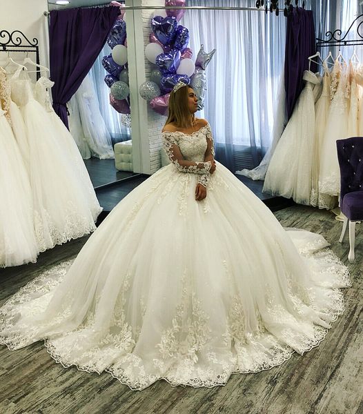

empire long illusion sleeve princess off shoulder 2019 ball gown lace wedding dress handmade appliques bridal castle romantic elegant, White