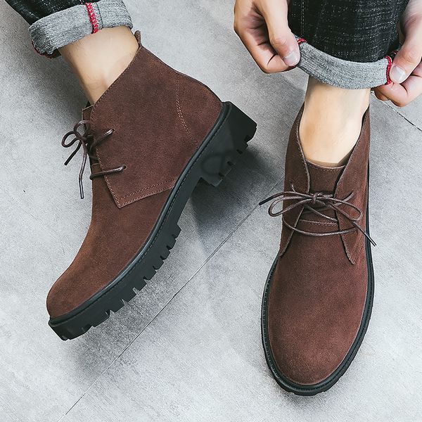 

men's cowhide boots boots ankle plus velvet high-outdoor walking shoes wear resistant casual, Black