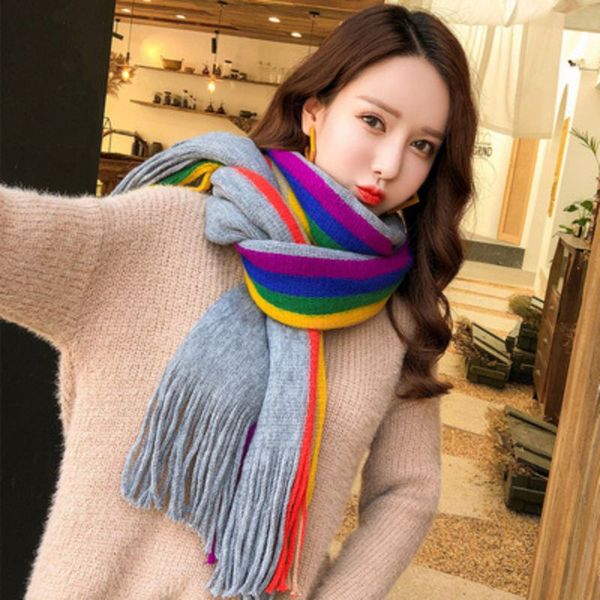 

autumn and winter scarf women new rainbow striped thick neck scarf warm imitation cashmere tassel shawl girls, Blue;gray