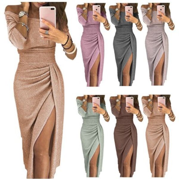 

women hip slit dresses spaghetti strap pure color boat bateau neckline long dress autumn female fashion dresses, Black;gray