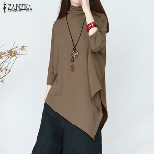 

spring solid irregular shirts zanzea fashion turtleneck blouse women casual long sleeve blusas tunic female vestido chemise, White