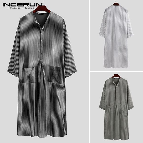 

incerun vintage striped robes mens long sleeve saudi dubai jubba thobe man arabic islamic loose v neck pockets muslim robe s-5xl, Red