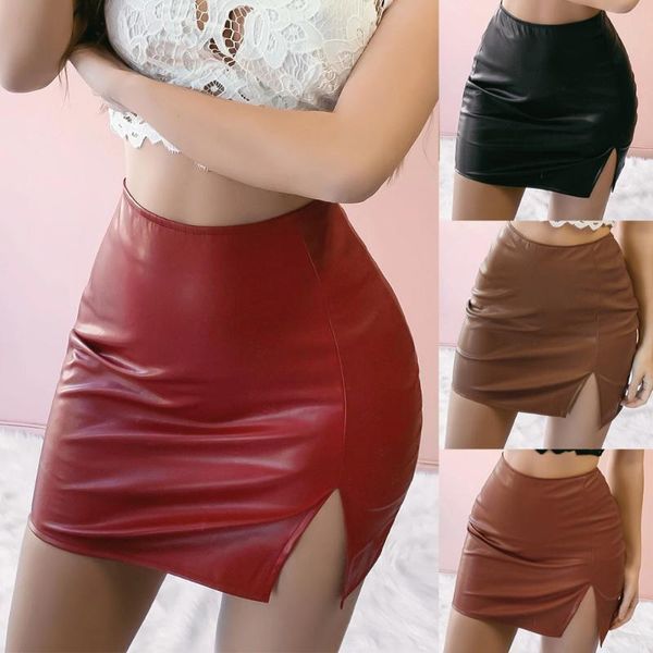 

leather skirt mini pu leather red black brown short skirt women summer 2020 ladies jupe femme split casual bodycon party faldas