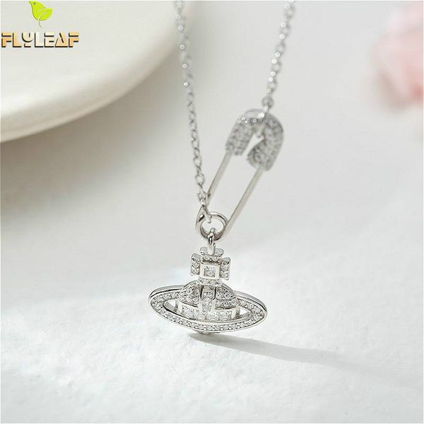 

flyleaf 925 sterling silver pin planet cubic zirconia necklace women fashion chain fine jewelry simple gold necklaces & pendants