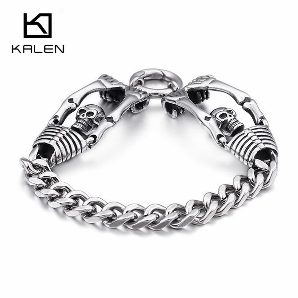 

punk 21cm skull bracelets for men stainless steel shiny skull body charm bracelets gothic biker halloween jewelry 2018, Golden;silver