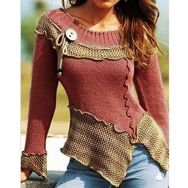 

fashion women irregular patchwork o-neck knitted sweater plus size jumper sweaters autumn causal button knitted female pullover, White;black