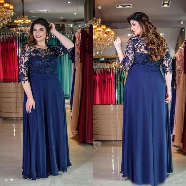 Mãe de renda da noiva vestidos jóia pescoço meia mangas chiffon azul marinho azul vestido de convidado mais tamanho de promoção de formatura SD3411