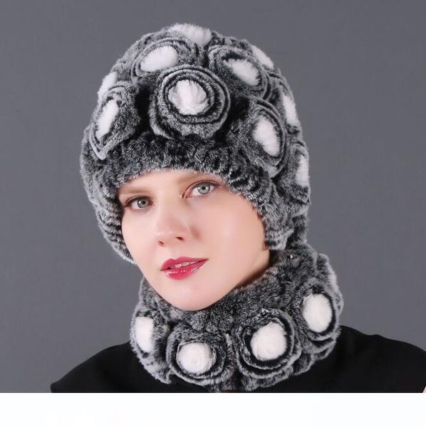 

women luxury designer scarfs rex rabbit rose hat and a flower scarf women popular set rex rabbit scarf hat set of two, Blue;gray