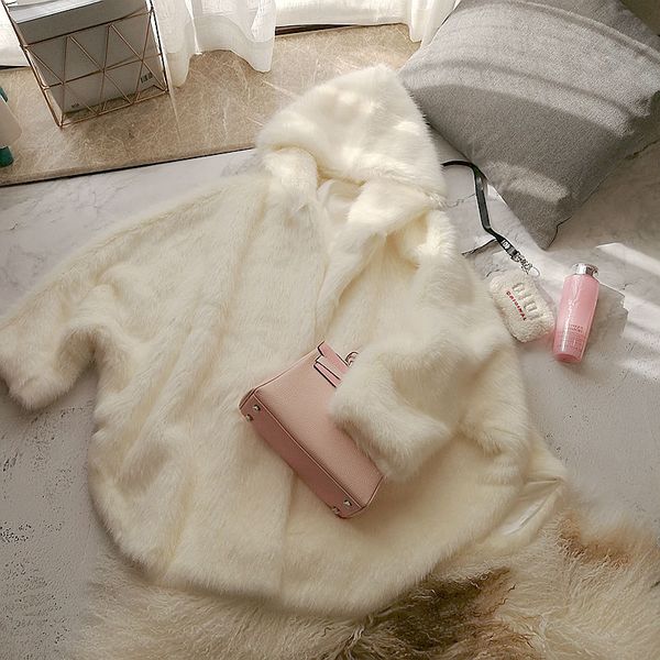 

fluffy chic loose plus size faux fur cape cloak women 2019 fall winter beige hooded medium long coats w1889, Black