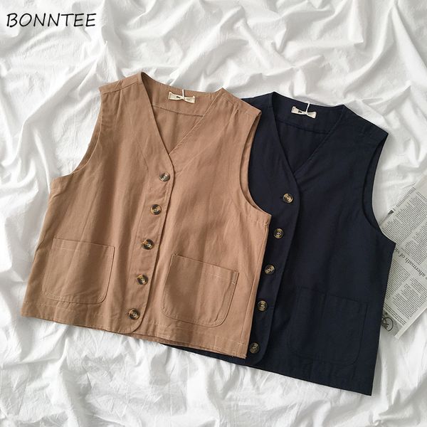 

vests women solid single breasted front open all-match daily simple retro fashion trendy vintage casual pockets womens vest new, Black;white