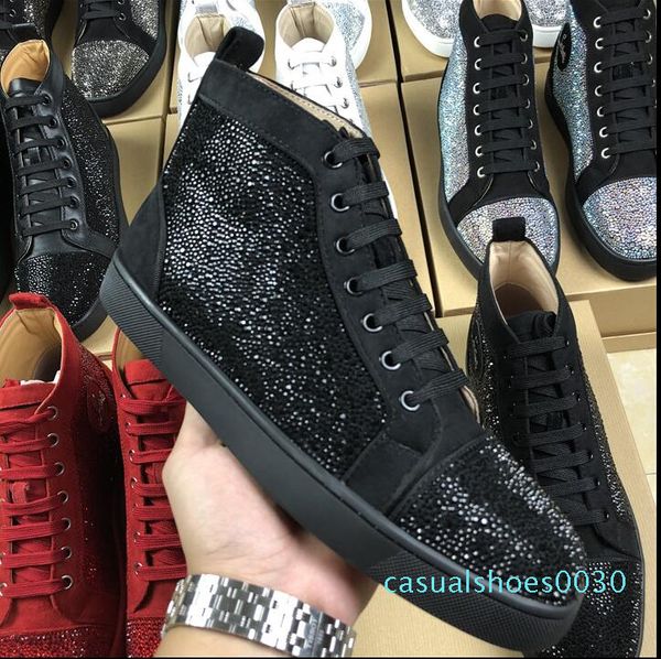 

2special offer suede & black rhinestone strass red bottom shoes men flat red sole shoes high-sneaker lace-up casual c30