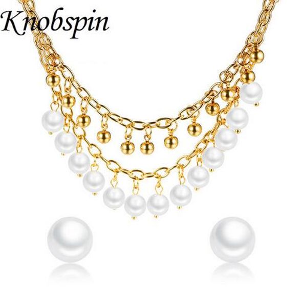 

fashion gold color simulated pearl beads necklace stud earrings stainless steel jewelry set for women party wedding jewellery, Black