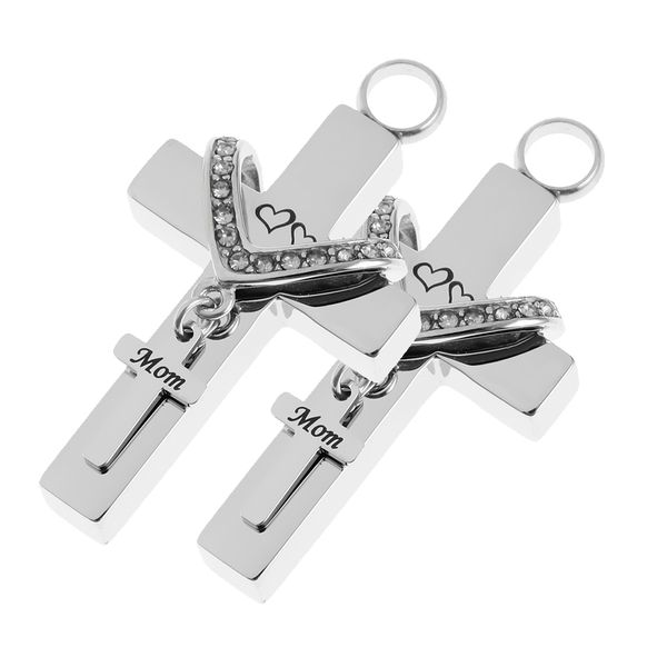 

2pcs cross crystal stainless steel urn cremation family keepsake pendant mom, Silver