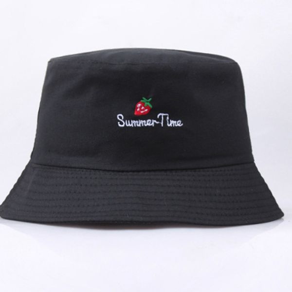 

2019 new young bucket hats for women cotton letter summer time strawberry pattern fisherman hat solid color college bucket caps, Blue;gray