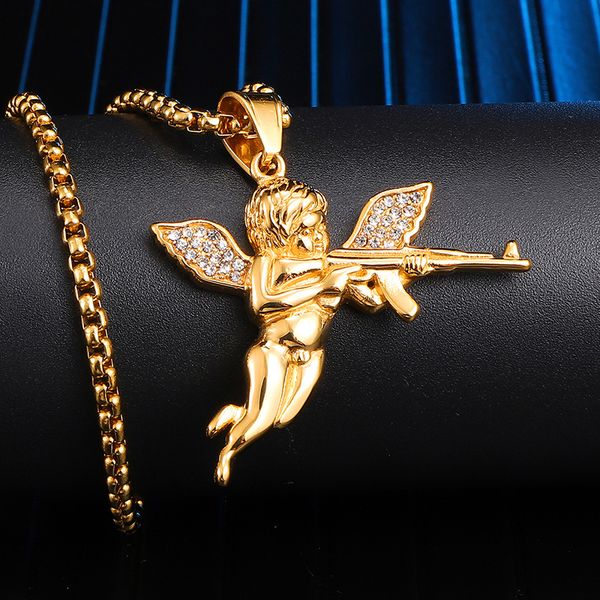 

wholesales ювелирных изделий 18k позолоченное стало ожерелье кулона angle из нержавеющей стали для мужчин цепи длинных ожерелий женщин подар, Silver