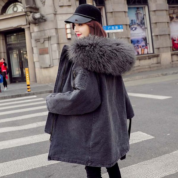 

winter warm hooded lambswool women's denim cotton coat 2019 new fashion big fur collar down cotton jacket nuw620, Tan;black