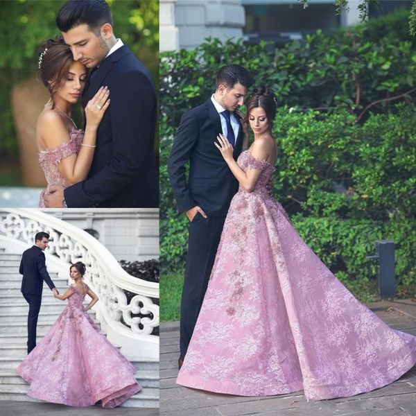 

2019 Evening Dresses Arabic Dubai Style Formal Occasion Party Gowns A Line Off Shoulders Pink Lace Applique Sequins Party Gowns Prom Dress