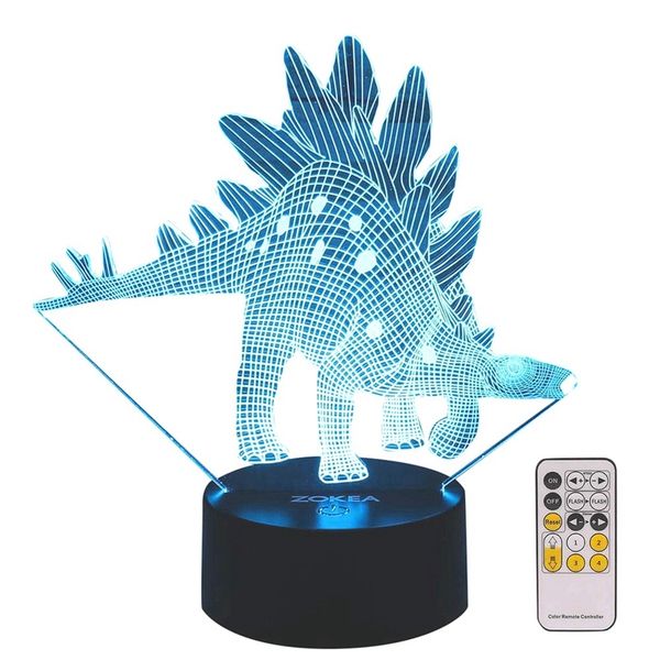 

dinosaur toys night lights for kids 7 colors changing 3d night light with smart press & remote control bedside lamp for