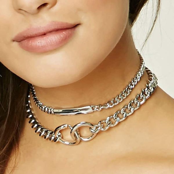 

combination new wide choker silvery necklaces necklace chain short & jewelry fashion neck girls double women statement choker, Golden;silver