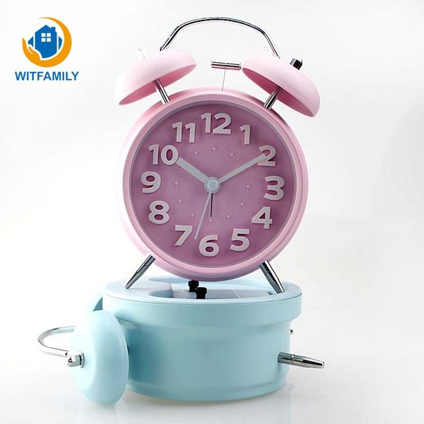 

4 inch candy color retro clock mute double bell super loud bell lazy metal round alarm clock student gift deskdecoration