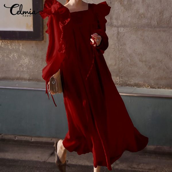 

women bohemian dress celmia lady long sleeve ruffles shirt sundress casual loose square collar party robe long maxi vestidos 5xl, Black;gray
