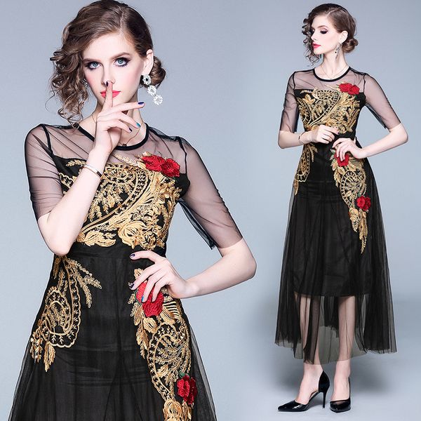 

summer woman dresses runway red flower golden paisley pattern embroidery dress a-line vintage long maxi mesh dress, White