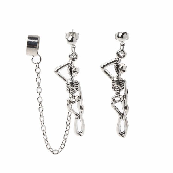 

asymmetric skull bone dangle ear cuff chain earrings clip-on special taste and personality fashion jewelry, Silver