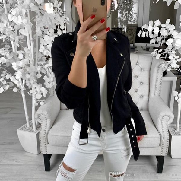 

designer inclined zipper womens jacket fashion solid with belt and button coats donna casual spring clothes, Black;brown