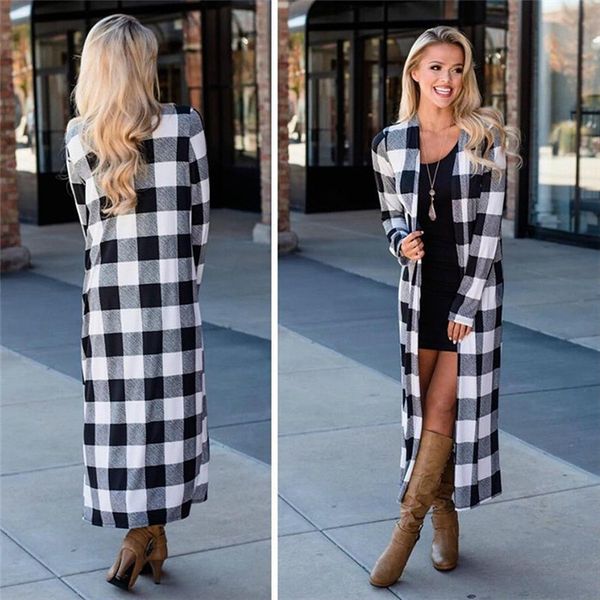 

для женщин конструктора spring кардиган long plaid печать с длинным рукавом экипаж шеи пальто способа famale пальто, Black