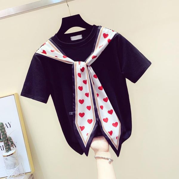 

women's t-shirt silk scarf stitching tshirt women o-neck short sleeve cotton t shirt ladies summer 2021 loose korean tee, White
