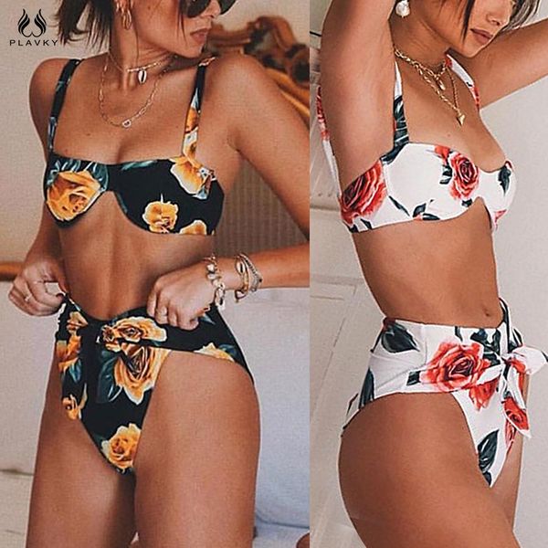 

retro floral bandeau high waist push up bikini 2019 swimwear women swimsuit female high cut front tie bandage bathing suit