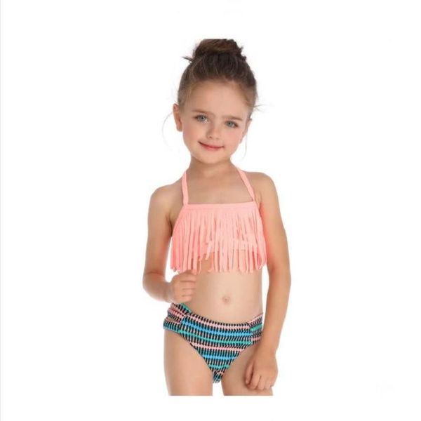 

2020 children's swimsuit fringe split girls swimsuit european and american style high elastic solid color floral bikini
