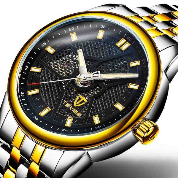 

tevise fashion leisure contracted calibration hollow out dot stainless steel belt luminous pointer gone men sapphire mechanical watches, Slivery;brown