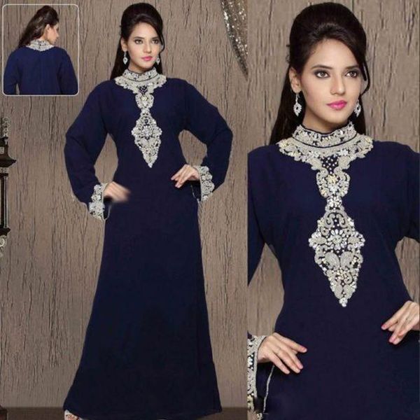 

navy blue arabic evening dresses high collar appliques with beaded formal wears floor length chiffon prom gown, Black;red