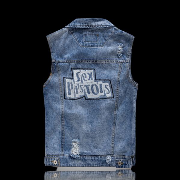 

mens summer casual denim vests men plus size pocket waistcoat black orange chaleco hombre fashion ripped sleeveless jackets coat, Black;white
